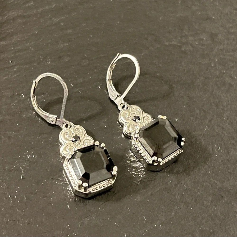 Black Princess Cut Onyx Scroll Detail Earrings Marked 316 SS Lever Back Hooks